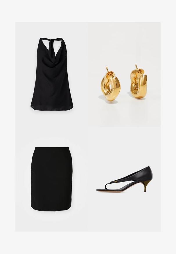 Top noir sans manches avec un décolleté drapé, un dos nu avec une fermeture à lien, et une silhouette fluide. Fabriqué en tissu léger.; Jupe crayon noire avec une texture lisse, de forme droite, et un ourlet à hauteur des genoux. Aucun motif ni détail matériel visible.; Sandale à talon kitten en cuir noir avec fine bride sur les orteils et détail d'emblème doré sur le côté.; Boucles d'oreilles créoles en or massif avec un design tubulaire légèrement tordu et des fermoirs à tige sur un fond blanc.