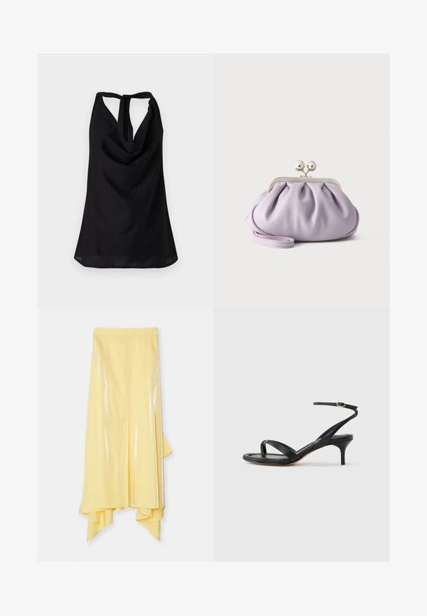 Top noir sans manches avec un décolleté drapé, un dos nu avec une fermeture à lien, et une silhouette fluide. Fabriqué en tissu léger.; Jupe midi jaune avec un ourlet asymétrique, fabriquée en tissu brillant et lisse. Elle présente une taille ajustée et une silhouette fluide.; Sandale pour femme en cuir noir avec fines lanières, une boucle d'orteil, une boucle à la cheville et un talon aiguille de hauteur moyenne sur un fond neutre.; Pochette lavande douce avec tissu froncé, fermoir kiss-lock argenté et bracelet assorti sur un fond clair uni.