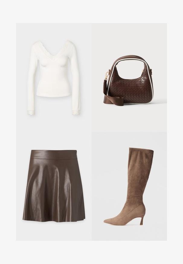 Haut blanc à manches longues pour femme avec encolure en V et finition en dentelle sur le col et les poignets, silhouette ajustée, présenté sur un fond uni.; Jupe trapèze en cuir synthétique marron foncé avec une taille haute et une texture lisse légèrement brillante.; Botte en daim marron jusqu'au genou avec un bout pointu et un talon effilé, présentant une texture lisse et un design sans couture.; Sac à main en cuir tressé marron avec passepoil blanc, fermeture éclair dorée et bandoulière amovible en tissu marron.