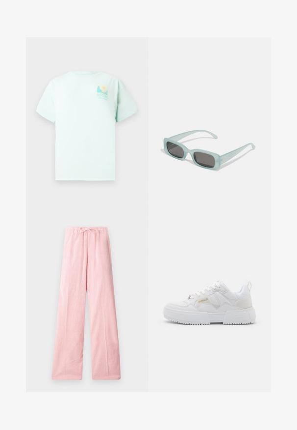 Camiseta verde menta de algodón, con mangas cortas y un escote redondeado. En la parte frontal presenta un logotipo gráfico con un diseño de paisaje y sol.; Pantalones de pierna ancha en color rosa claro, confeccionados en una tela suave, con una cinturilla elástica y cordón para un ajuste regulable y una textura sutil.; Zapatillas blancas con un diseño grueso, que presentan materiales de cuero y sintéticos, detalles texturizados, cordones y un logotipo destacado en dorado.; Un par de gafas de sol rectangulares con montura translucida azul clara y lentes gris oscuro, que cuentan con patillas rectas y detalles de hardware mínimos.