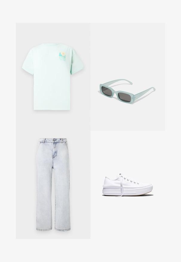 Mintgroene T-shirt van katoen, met korte mouwen en een rond decolleté. Aan de voorkant staat een grafisch logo met een landschap en zon ontwerp.; Lichte blauwe denim wide-leg jeans met een hoge taille, voorzien van een knoopsluiting, rechte zoom en minimale vervaging.; Witte lage canvas sneaker met dikke plateauzool, veters aan de voorkant en rubberen toeskap met structuur, zijaanzicht.; Een paar rechthoekige zonnebrillen met lichtblauwe doorzichtige monturen en donkergrijze glazen, met rechte pootjes en minimale hardwaredetails.