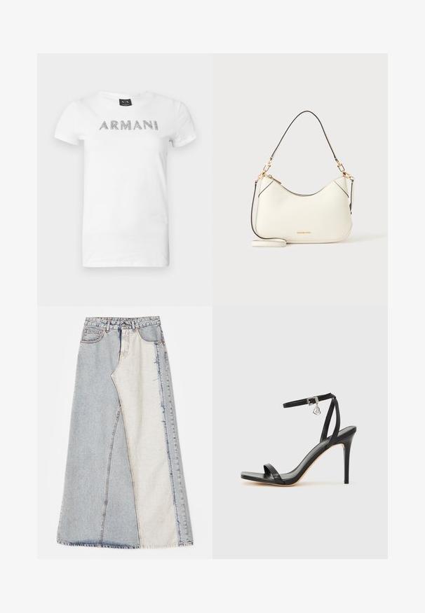 Hvid bomulds t-shirt med metallisk sølv "ARMANI" bogstaver på forsiden. Kortærmet og med rund halsudskæring.; Denim nederdel med patchwork design bestående af lyse og mellemblå sektioner, frayed kanter og høj talje. Klassisk fem-lomme stil.; Sort hæl-sandal med smal ankrem, firkantet tå-boks, glat lædermateriale og metalspænde som pynt.; Hvid skuldertaske i læder med guldfarvet hardware, sort kant og aftagelig rem. Michael Kors-logo i guld nederst i midten.