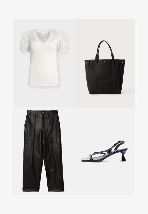 Witte geribde gebreide top met een V-hals van bloemenkant, pofmouwtjes van kant, elastische manchetten en een aansluitend silhouet.; AERON ZIMA PANTS - Leren broek - black; Zwarte lederen damessandaal met dunne riempjes, vierkante neus, verstelbare enkelgesp en uitgewerkte hak van gemiddelde hoogte.; Zwarte draagtas met dubbele schouderriemen, gouden knoopsluitingen aan de bovenranden en minimalistisch ontwerp op een neutrale achtergrond.