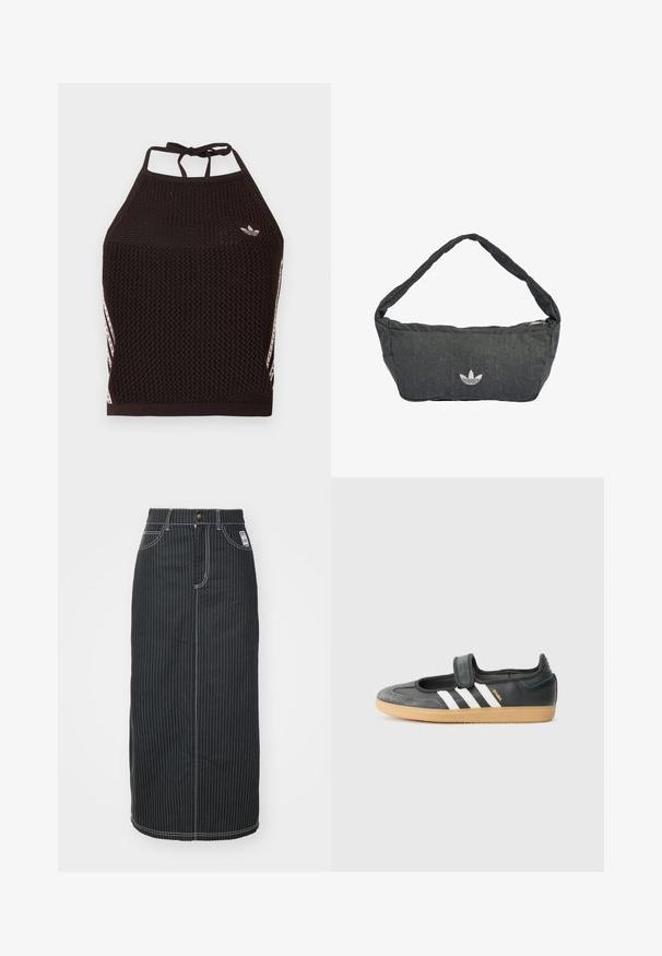 Sort mesh halter crop top med tekstureret design. Har pink accentstriber og en lille logo foran. Lukning med bånd bagpå.; Sort denim midi-nederdel med hvide lodrette striber. Har en knapliv, to forlommer og kontrastsyninger. Lige snit design.; Sort læder- og ruskinds sneakers med en Velcro-rem, der har tre hvide striber og en gummisål, mærket "SAMBA" på siden.; Mørkegrå skuldertaske lavet af tekstureret stof med lynlåslukning og broderet logo foran. Lang, buet strop.