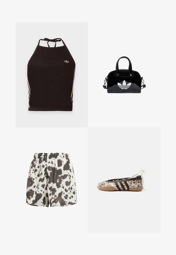 Black mesh halter crop top with a textured design. Features pink accent stripes and a small logo on the front. Tie-back closure.; White elastic-waist shorts with loose fit featuring irregular dark brown cow print pattern.; Flat ballet shoe with brown and white speckled pattern, three dark stripes on the side, light brown sole, and white ankle tie laces.; Black patent leather handbag with rounded shape, dual top handles, silver accents, and a prominent white logo on the front.