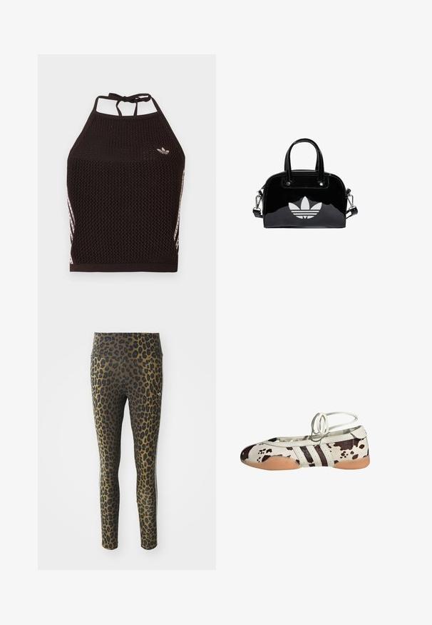 Sort mesh halter crop top med tekstureret design. Har pink accentstriber og en lille logo foran. Lukning med bånd bagpå.; Pletterede leggings med høj talje, strækbart stof og sorte accenter på en lys brun bund, designet til komfort og pasform.; Hvide balletflade sko i læder med brun ko-print, der har tre sorte striber på siden og en fleksibel, tanfarvet gummisål.; Sort patentlæder håndtaske med rund form, to top-håndtag, sølvdetaljer og en fremtrædende hvid logo på fronten.