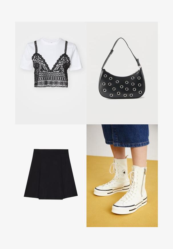 Hvid kortærmet T-shirt med sort blondeoverlayer, der har intrikate blomster mønstre og et cropped design. Sorte stropper strækker sig fra toppen.; Sort skater nederdel lavet af blødt stof, med en tætsiddende talje, plisseringer foran og en vidde, knælang kant.; Hvide høj-top sneakers med lynlåslukning, snørresystem og sorte striber på en tyk sål. Tekstureret kanvasmateriale.; Sort læder skuldertaske med justerbar rem, dekoreret med sølvfarvede metalnitter og lukning med øverste lynlås.