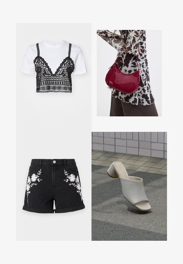 Hvid kortærmet T-shirt med sort blondeoverlayer, der har intrikate blomster mønstre og et cropped design. Sorte stropper strækker sig fra toppen.; Sorte denimshorts med opfoldede kanter, prydet med hvid blomsterbroderi på begge sider og fem lomme-design med sølvknaplukning.; Enkelt hvid åben tå mule med blokhæl på brolagt grund nær flisebelagt væg, vinklet for at vise side- og topudsigt.; Kvinde iført en sort- og hvidmønstret bluse, der holder en blank rød skuldertaske mod en ensfarvet baggrund.