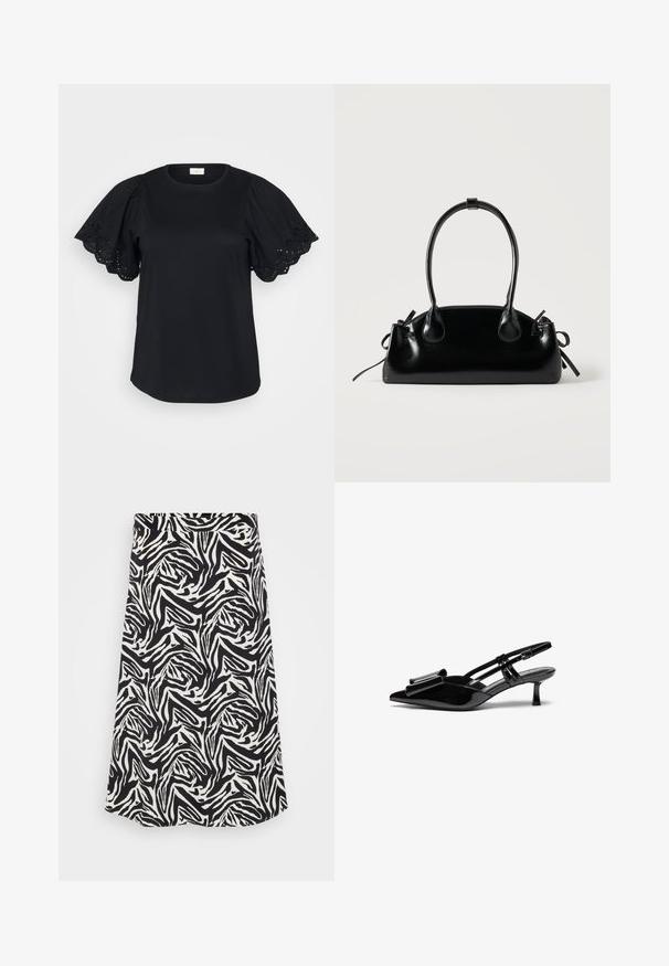 Schwarzes T-Shirt mit kurzen Puffärmeln, verziert mit Spitzenakzenten und gewellten Kanten, aus weichem Baumwollstoff mit lockerer Passform.; Schwarzer und weißer Rock mit einem wirbelnden Zebra-Muster, mit geradem Schnitt und Saum. Hergestellt aus einem glatten, leichten Stoff.; Schwarze Lackleder-Slingbacks mit spitzer Zehenpartie, einer Schleifendetail an der Vorderseite und einem kleinen Stiletto-Absatz. Die Riemen haben verstellbare Schnallen.; Kleine schwarze glänzende Handtasche mit zwei langen Griffen und seitlichen Kordelzug-Details vor einfachem hellem Hintergrund.
