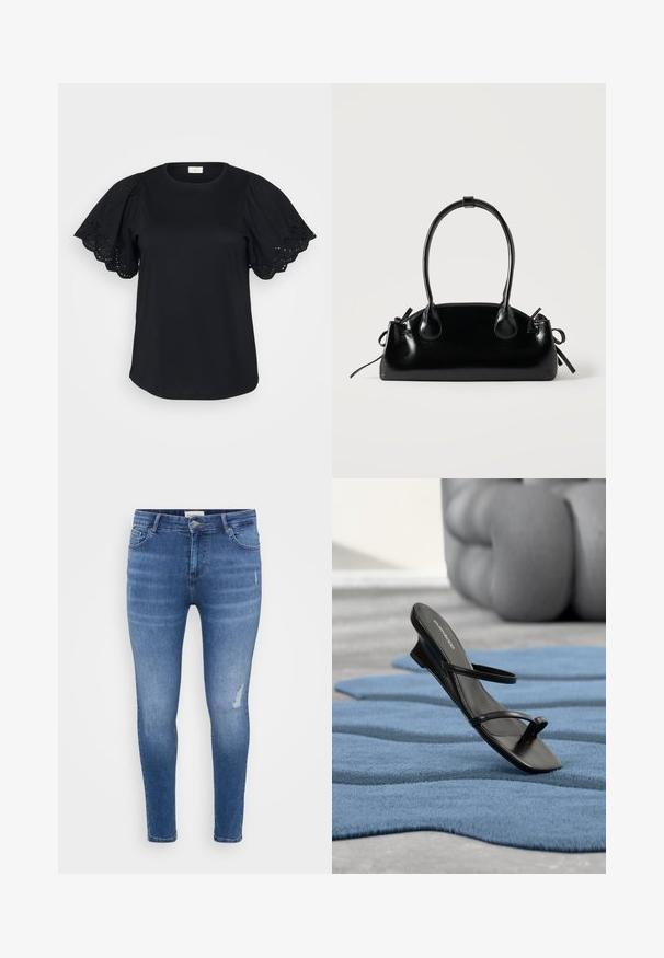 Camiseta negra de manga corta con mangas abullonadas que presentan detalles de encaje y bordes en forma de ola, confeccionada en suave tela de algodón con un corte holgado.; Vaqueros ajustados de denim en un tono azul claro con ligeras arrugas, toques desgastados, cinco bolsillos y cierre de cremallera. Textura suave.; Sandalia negra con tiras y lazo para el dedo en una alfombra texturizada azul, con un gran objeto decorativo gris desenfocado en el fondo.; Pequeño bolso negro brillante con dos asas largas y detalles de cordón lateral sobre un fondo claro liso.