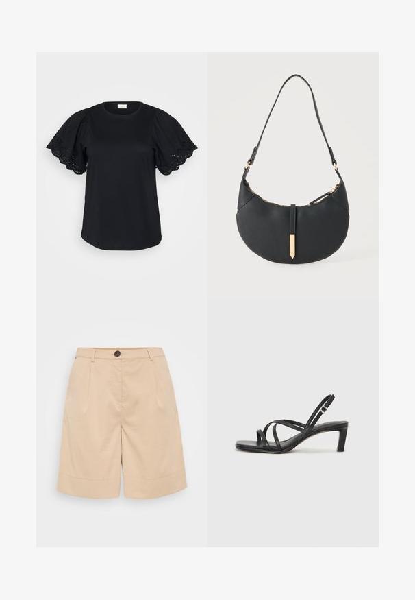Sort t-shirt med korte puffærmer, der har blonderdetaljer og bølgede kanter, lavet af blødt bomuldsstof med en afslappet pasform.; Beige bomuldsbukser med skræddersyet design, der har knaplukning, forreste folder og en oprullet kant for ekstra detaljer og struktur.; Sort remsandale med firkantet tå og en lav blokeret hæl. Har flere tynde stropper og en justerbar ankelrem. Fremstillet af glat læder.; Sort håndtaske formet som en halvmåne med en enkelt rem, guld lynlås og en guldfarvet rektangulær dekorativ fane foran.