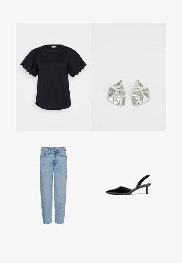 Sort t-shirt med korte puffærmer, der har blonderdetaljer og bølgede kanter, lavet af blødt bomuldsstof med en afslappet pasform.; Lyseblå denimjeans med høj talje, afslappet pasform og lige ben. Har en knaplukning og let falmet effekt på stoffet.; Sorte patentlæder slingback hæle med spids tå, lav stiletto hæl og et elegant, enkelt design uden pynt.; Sølvmetal øreringe med et bølgende, skulpturelt design, der har en poleret overflade og uregelmæssige former, hvilket fremhæver en moderne æstetik.