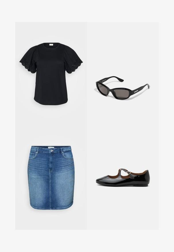 Sort t-shirt med korte puffærmer, der har blonderdetaljer og bølgede kanter, lavet af blødt bomuldsstof med en afslappet pasform.; Denim nederdel i mellemblå vask med en tætsiddende design, lige snit, fem-lomme stil og en talje med knaplukning foran.; Sort laklæder Mary Jane-flad sko med to udskæringer og en guldbuckelrem på hvid baggrund.; Sorte solbriller med rektangulært stel, mørke linser, glat plastmateriale og en metalaccent på templet.