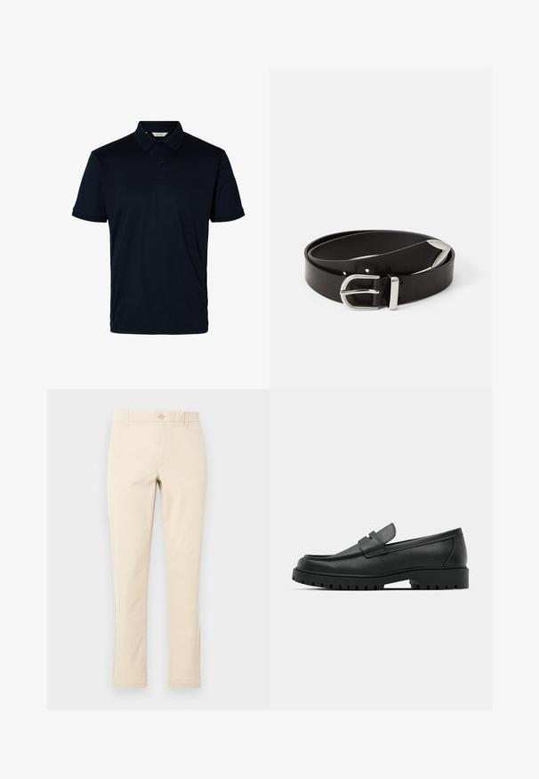 Polo noir à manches courtes avec col et deux boutons sur le devant, design simple sans logos ni motifs visibles.; Pantalon beige droit avec fermeture par boutons, passants pour ceinture et poches latérales, présenté sur un fond clair uni.; Mocassins en cuir noir à bout arrondi, avec un design cousu, une semelle plateforme basse et une semelle en caoutchouc texturée et crantée.; Ceinture en cuir noir avec une boucle en métal argenté, présentant un design classique et une texture lisse. Comprend des trous pour un ajustement flexible.
