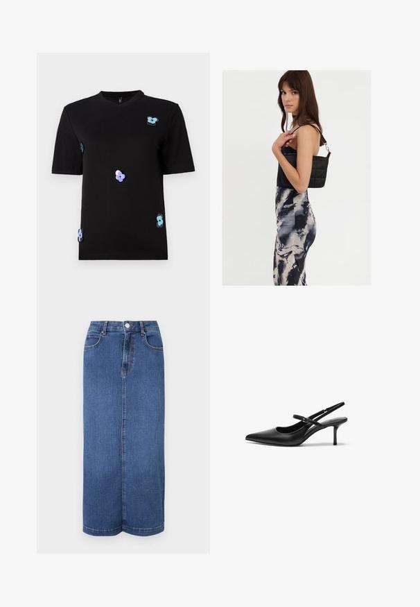 Camiseta negra de algodón, con mangas cortas y escote redondo. Acentuada con aplicaciones de flores multicolores.; Falda larga de mezclilla en azul oscuro, con corte recto, cinturilla con cierre de botón y detalles de costura mínimos.; Zapatos de tacón slingback de cuero negro con punta afilada, correa ajustable delgada y un tacón de aguja de aproximadamente 5 cm, textura suave.; Bolso de hombro negro acolchado con una sola correa y herrajes plateados, combinado con un vestido ajustado de patrón tie-dye en tonos de negro y crema.