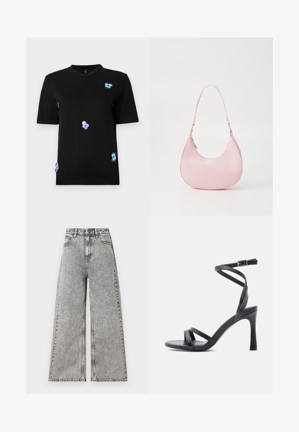 Zwarte T-shirt van katoen, met korte mouwen en een ronde hals. Accentuated met kleurrijke bloemenapplicaties.; Wijdlopende jeans in vervaagd zwart denim, met een hoge taille, klassiek vijf-pocket ontwerp en zichtbare stikdetails.; Zwarte sandalen met hoge hak en elegant ontwerp, voorzien van twee smalle bandjes over de tenen en een gekruist enkelbandje met gespsluiting.; Call it Spring CELESTY - Handtas - other pink