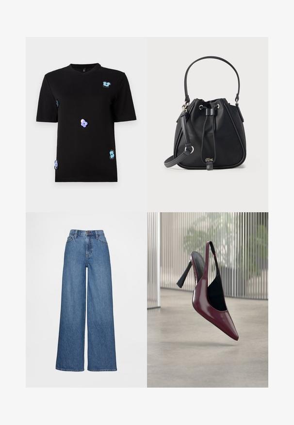 Sort t-shirt lavet af bomuld, med korte ærmer og rund halsudskæring. Accentueret med multicolorer blomsterapplikationer.; Vidbenede jeans i mediumblåt denim, med høj talje, bæltestropper og knaplukning. Glat tekstur med få syningsdetaljer.; Blank mørkerød slingback med høj hæl, spids tå og sort inderfor, svævende over en glat betongulv indendørs.; Sort spandetaske med topstrop og justerbar skulderrem, snørelukning og lille sølv krokodillelogo foran i midten.
