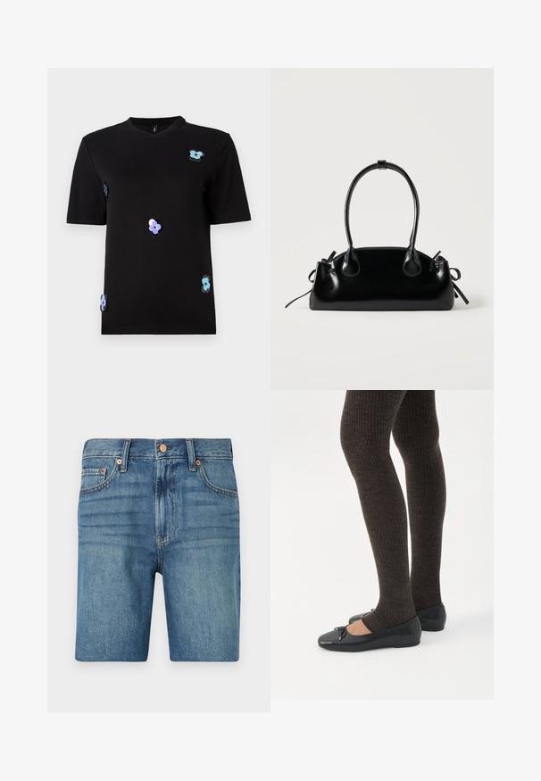 T-shirt noir en coton, avec des manches courtes et un col rond. Agrémenté d'appliqués de fleurs multicolores.; Shorts en denim bleu clair, présentant une coupe classique, cinq poches et des accents cuivrés pour le contraste. Tissu texturé de poids moyen.; Jambes portant des leggings côtelés foncés associés à des ballerines noires avec de petits détails en nœud sur fond blanc.; Petit sac à main noir brillant avec deux longues anses et des détails à cordon sur les côtés sur un fond clair uni.