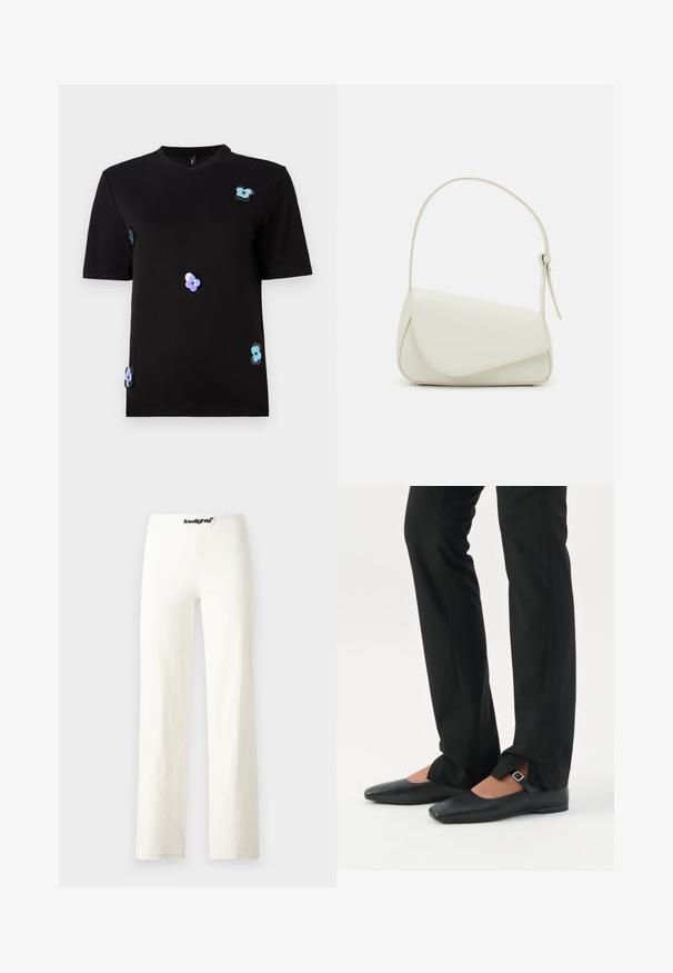 Zwarte T-shirt van katoen, met korte mouwen en een ronde hals. Accentuated met kleurrijke bloemenapplicaties.; Witte katoenen wijde broek met een gladde textuur, voorzien van een zwarte logoband en een eenvoudig, minimalistisch ontwerp.; Benen met zwarte smalle broek met voorsplitten aan de zoom, gecombineerd met zwarte platte Mary Jane-schoenen met een klein gespje.; Witte nepleren handtas met een gestructureerde driehoekige vorm, een enkele verstelbare schouderriem en een klep met ronde accenten.