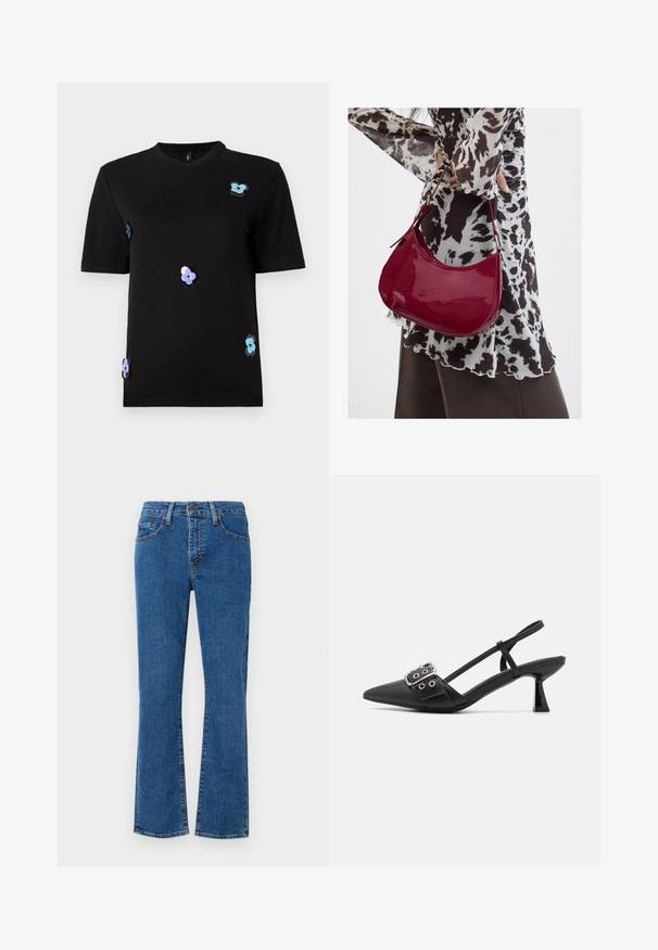Zwarte T-shirt van katoen, met korte mouwen en een ronde hals. Accentuated met kleurrijke bloemenapplicaties.; Lichtblauwe denim jeans met een rechte snit, vijf-pocket ontwerp en gestikte details. De stof is textuur met lichte vervaging.; Simmi London DALA - Klassieke pumps - black; Vrouw met een zwart-wit gebloemde blouse houdt een glanzende rode schoudertas vast tegen een effen achtergrond.