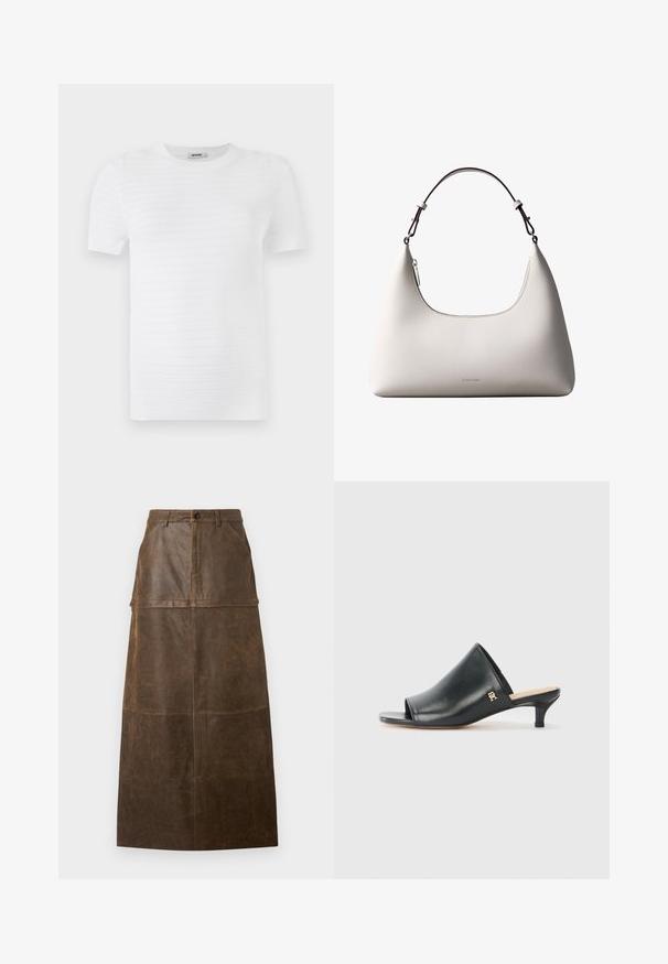 Hvid kortærmet t-shirt lavet af struktureret stof med et ribbet mønster. Designet har en rund udskæring og en lige pasform.; Brun læder midi-nederdel med høj talje, frontlommer og en glat overflade med synlige syninger.; Sorte læder open-toe mules med en lav hæl. Har en glat overflade og et guld logo-prim på siden.; Cremefarvet skuldertaske i læder fra Calvin Klein med buet topkant, sølvfarvet lynlås og mørkebrun justerbar rem.