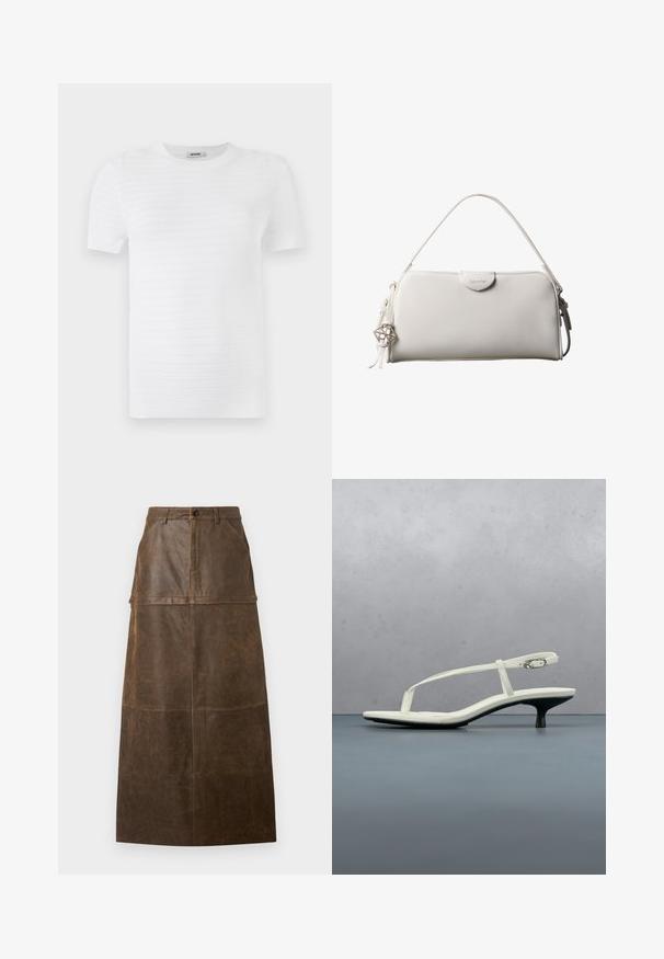 Hvid kortærmet t-shirt lavet af struktureret stof med et ribbet mønster. Designet har en rund udskæring og en lige pasform.; Brun læder midi-nederdel med høj talje, frontlommer og en glat overflade med synlige syninger.; Hvid sandal med stropper og kitten-hæl med spids tå, svævende over et trægulv udendørs med en sløret plante og væg i baggrunden.; Hvid rektangulær Calvin Klein håndtaske med enkelt håndtag, minimalistisk design og dekorative kvaster med geometrisk metalvedhæng på siden.