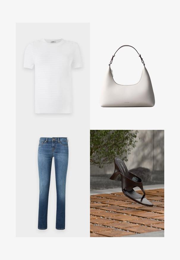 Hvid kortærmet t-shirt lavet af struktureret stof med et ribbet mønster. Designet har en rund udskæring og en lige pasform.; Blå denim jeans med lige ben, der har en let falmning, fem lommer og en enkelt knaplukning i taljen.; Brun Calvin Klein hælet thong sandal svævende over træflise og grus udendørs med sløret grønt og stenmur i baggrunden.; Cremefarvet skuldertaske i læder fra Calvin Klein med buet topkant, sølvfarvet lynlås og mørkebrun justerbar rem.