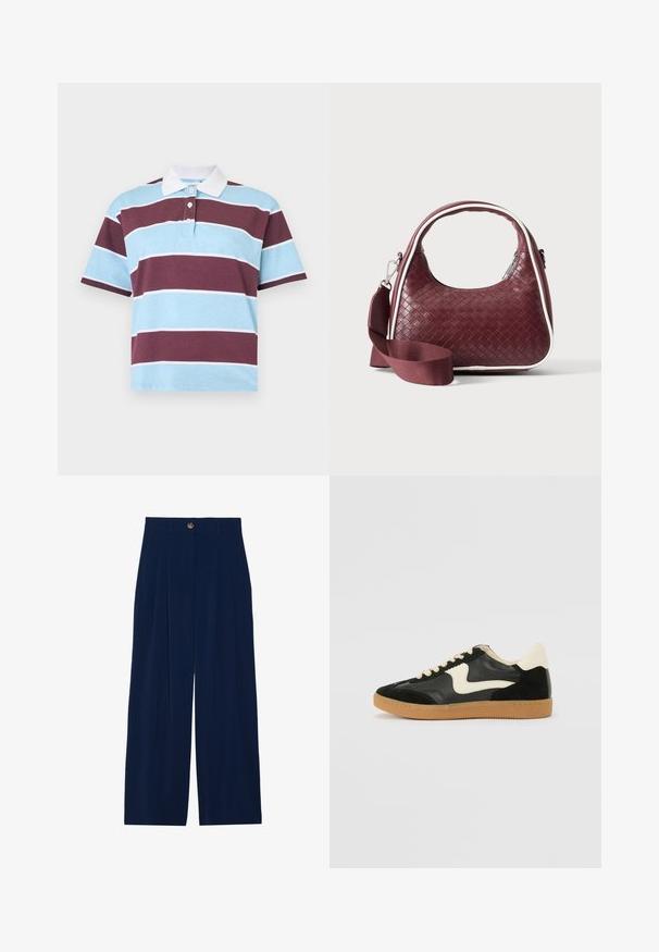 Short-sleeve polo shirt with wide horizontal stripes in light blue and maroon, featuring a white collar and three buttons at the neck.; Navy blue wide-leg trousers made of soft material, featuring front pleats, a button closure, and two side pockets.; Black suede and leather sneaker with a cream side swoosh and light cream heel. Features beige laces and a gum rubber outsole.; Maroon woven leather handbag with curved handle, white trim, silver zipper, and detachable wide fabric shoulder strap against plain background.