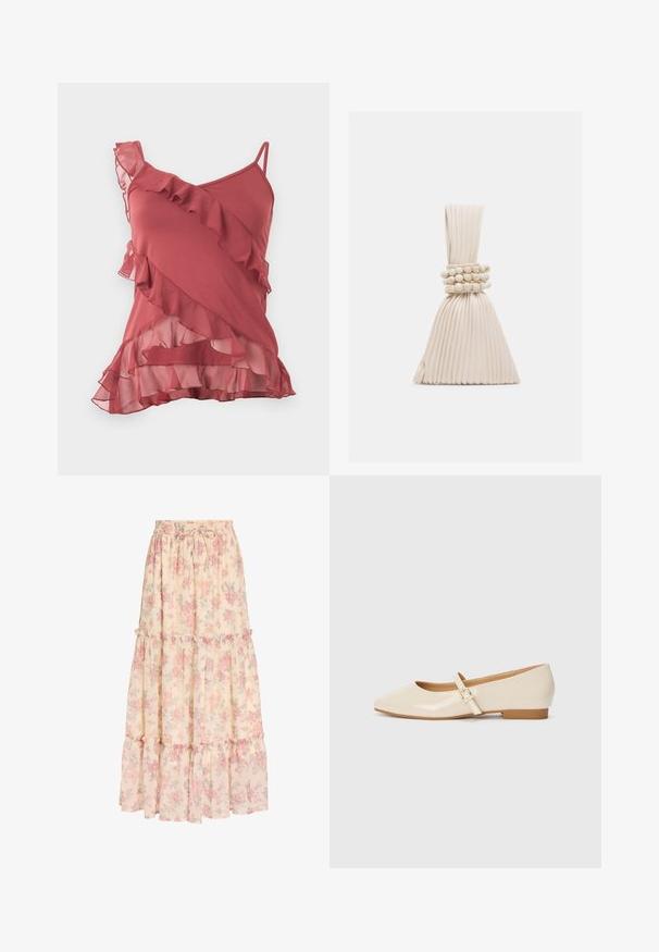 Mouwloze top in stoffige rozenkleur met asymmetrische ruches, doorschijnende gelaagde ruches aan de zoom en dunne bandjes aan één kant.; Lange beige rok met roze bloemenpatroon, elastische tailleband met trekkoord en gelaagde ruches.; Beige laarzen in patentrein met een vierkante neus, een kleine hak en een verstelbare enkelband met een gouden gespaccent.; Kleine beige handtas met plooien, voorzien van een geknoopt handvat en drie ronde kralenarmbanden die rond het midden zijn gewikkeld.