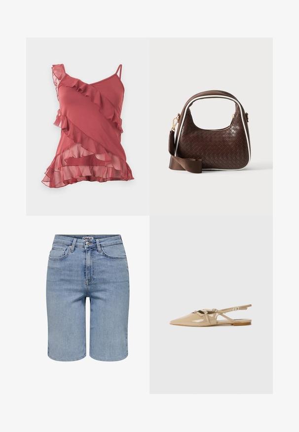 Ærmeløs top i støvet rosa med asymmetriske flæsedetaljer, transparente lagdelte flæser forneden og tynde stropper på den ene side.; Lyseblå denimshorts med forlommer, bæltestropper, en metalknap og en lynlåslukning.; Beige patenteret læder slingback flade sko med spids tå, dekorative remme og spænder samt en lav hæl. Glat, blank finish med minimal dekoration.; Brun vævet læderhåndtaske med hvid piping, guldfarvet lynlås og aftagelig brun stofskulderrem.
