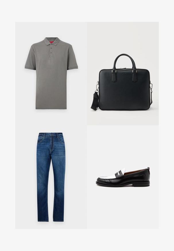 Graues kurzärmeliges Poloshirt mit Kragen und drei Knöpfen, mit kleinem "HUGO"-Logo auf der linken Brust.; Blaue gerade geschnittene Denim-Jeans mit fünf Taschen, Gürtelschlaufen und Knopfverschluss, präsentiert vor einem schlichten weißen Hintergrund.; Schwarz-weißer Lederloafer mit genähten Details, niedrigem Absatz und einem Slip-On-Design, seitlich auf neutralem Hintergrund gezeigt.; Schwarze Aktentasche aus strukturiertem Leder mit zwei Griffen und einem abnehmbaren Schultergurt, ausgestattet mit einem silbernen Reißverschluss und Metallbeschlägen.