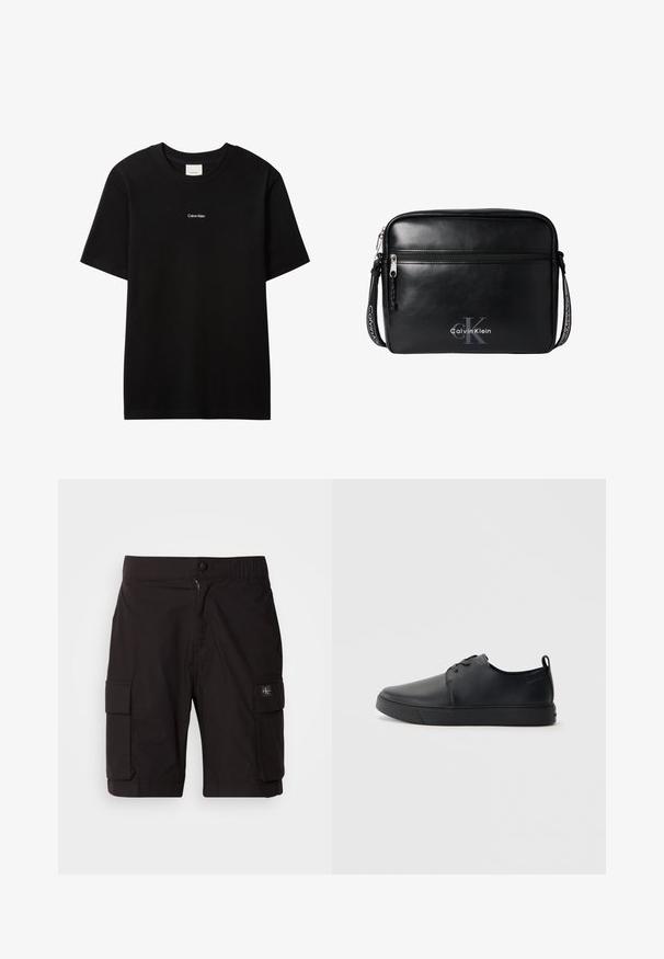 Camiseta de algodón negra con cuello redondo y mangas cortas. Presenta un pequeño logo blanco "Calvin Klein" en el frente. Ajuste clásico y suave.; Pantalones cortos de cargo negros confeccionados con tejido ligero. Cuenta con cierre de botón y cremallera, dos bolsillos laterales de cargo y detalles de costura.; Zapatilla negra de cuero con acabado suave, punta redondeada, costuras a tono, cordones en la parte delantera y suela de goma plana. Asa en el talón.; Bolso de hombro rectangular negro Calvin Klein con bolsillo frontal con cremallera y correa ajustable con el logo de Calvin Klein.