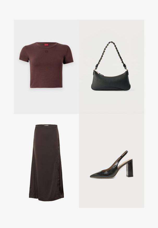 Brun bomulds cropped t-shirt med korte ærmer, rund halsudskæring og "HU 60" logo i en lysere nuance på fronten. Glat tekstur.; Lang, mørkebrun satin skørt med en tætsiddende talje og subtil splittelse i siden, glat tekstur og let shine.; Sort læder peep-toe slingback sko med høj blokhæl og beige indvendig foring mod en ensfarvet lys baggrund.; Sort skuldertaske i læder med en buet rektangulær form, gyldent kæde vævet ind i en flettet sort rem og toplynlås.