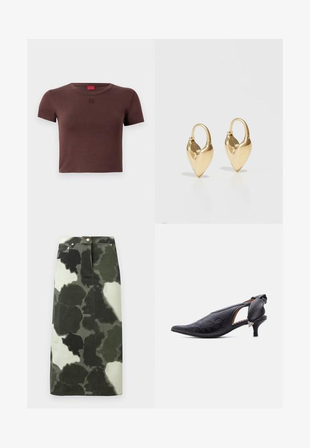 Brun bomulds cropped t-shirt med korte ærmer, rund halsudskæring og "HU 60" logo i en lysere nuance på fronten. Glat tekstur.; Camo-mønstrede denim nederdel i mørkegrøn og sort, med høj talje, fire lommer og metalliske accenter. Mellemlang og lige snit.; Sort læder slingback-hæl med spids tå og broderede detaljer samt en lav kitten-heel, der har en polstret sløjfe og en sølvfarvet trekantsdetalje.; Guldtonede hjerteformede øreringe med en glat, poleret finish. Har et hængseldesign for nemt brug og en iøjnefaldende spænde.