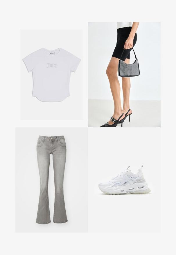Hvid T-shirt med korte ærmer og rund kant, med "Juicy" i krystal dekorationer på fronten. Blødt bomuldsstof.; Grå flagrende jeans med en middelhøj talje, frontlommer og knaplukning, lavet af denimstof med en glat tekstur.; Hvide sneakers med en kraftig sål, lagdelt mesh og syntetisk overdel, med mønstrede detaljer, snøresystem og hæl-dragtag.; Sort perlehandtaske med en buet silhuet, bærehåndtag og blank overflade. Båret med højhælede sorte sko og tætsiddende sorte shorts.