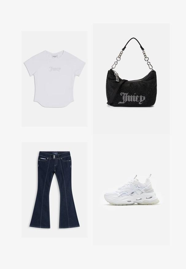 Camiseta blanca de manga corta con dobladillo redondeado, que presenta "Juicy" con embellishments de cristal en la parte frontal. Material de algodón suave.; Vaqueros acampanados azul oscuro con costuras blancas, bolsillos delanteros, trabillas para cinturón y dos botones plateados en la cinturilla.; Zapatilla blanca con suela gruesa, parte superior de malla y sintético en capas, con acentos estampados, sistema de cordones y tira de agarre.; Bolso negro con adornos de strass, de forma curvada y con un asa de cadena plateada. Presenta un zipper y el logo "Juicy" en blanco.