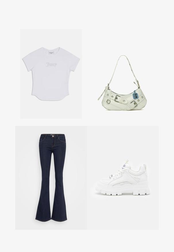 Witte T-shirt met korte mouwen en een afgeronde zoom, met "Juicy" in kristallen versieringen op de voorkant. Zacht katoenmateriaal.; Donkere jeans met flare, een aansluitende taille, een sluiting met een voorbutton, een vijf-pocket ontwerp en naaddetails langs de benen.; Witte chunky sneakers met een textuur bovenkant, gevoerde kraag en dikke, gegroefde zool. Voorzien van contrasterende zwarte veters en merkaanduiding.; Witte synthetische handtas met een gebogen silhouet, verstelbare schouderband, decoratieve gesp, zilverkleurige hardware en een blauwe label eraan bevestigd.