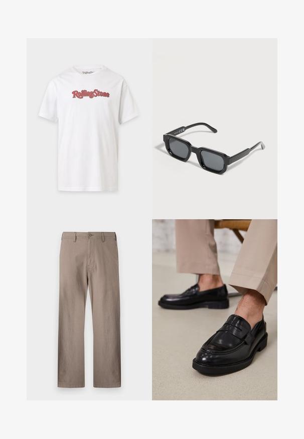 Weißes T-Shirt mit kurzen Ärmeln und rotem sowie schwarzem "Rolling Stone" Textlogo, zentriert auf der Brust.; Beige gerade geschnittene Hose aus leichtem Stoff mit Knopfverschluss, ausgestattet mit frontalen Taschen und sauberer Naht.; Schwarze Lederloafers mit glatter Oberfläche, ausgestattet mit einem dekorativen Riemen und Kontrastnähten, kombiniert mit beigen Hosen.; Schwarze rechteckige Sonnenbrille mit dicken Rahmen und dunkel getönten Gläsern, schräg auf weißem Hintergrund.