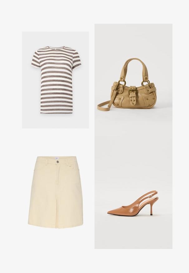 Kortærmet T-shirt med vandrette brune og hvide striber, rund halsudskæring, vist på en ensfarvet hvid baggrund.; Lys beige denimnederdel med slids foran, standard talje og klassisk fem-lommer design. Glat tekstur og minimalistisk stil.; Spids tå slingback hæl i et glat, blankt tan materiale. Har et buet udskæring design og en slank stiletto hæl. Sølv spænde detalje.; Beige læderhåndtaske med dobbelte håndtag, messing spænde og nitte detaljer samt en justerbar skulderrem mod en hvid baggrund.