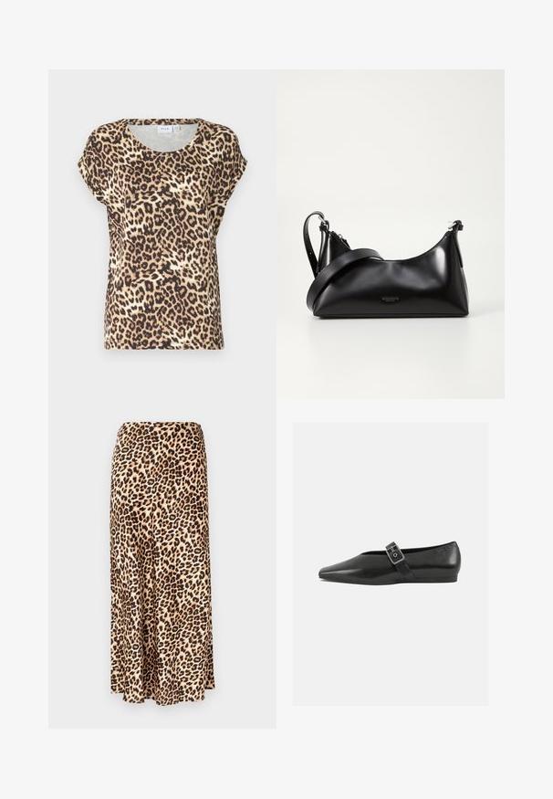 Leopardmønster kortærmet top i beige og brun, med en rund halsudskæring og afslappet pasform. Stoffet ser glat og let ud.; Løleopardprint lang nederdel lavet af glat stof. Tan base med sorte og brune pletter. Udsvingende design med en lige kant.; Sorte læder flade sko med spidse tæer, prydet med en metallisk spænde over vristen og en lav, fleksibel sål.; Sort læderhåndtaske med en glat tekstur. Har en justerbar stropp og et enkelt, minimalistisk design med lynlås.