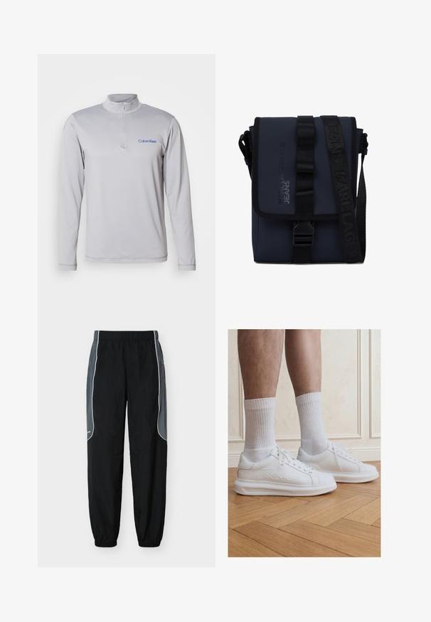 Langærmet, lys grå zip-up pullover med tekstureret stof. Har et blåt Calvin Klein-logo på brystet. Enkelt, atletisk design.; Sorte træningsbukser med mørkegrå sidelommer og hvid piping, elastisk talje og benafslutninger, vist mod en hvid baggrund.; Ben iført hvide ribstrikkede crew-sokker og hvide Karl Lagerfeld sneakers stående på lyst trægulv.; Marineblå crossbody taske lavet af glat, holdbart materiale, der har en flaplukning med strop og præget logodetalje.