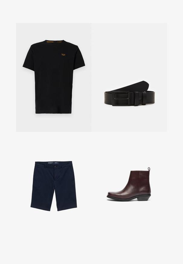 Camiseta de algodón negra con mangas cortas, cuello redondo y un pequeño parche de marca en amarillo contrastante en la parte izquierda del pecho.; Pantalones cortos azul marino de mezcla de algodón, con cierre de botón, bolsillos laterales y diseño de pierna recta. Etiqueta de talla M visible.; Botas de tobillo de cuero burdeos con punta redonda, diseño minimalista, un tacón bajo en bloque y una lengüeta en la parte posterior. Textura y acabado suaves.; Cinturón de cuero negro enrollado con una hebilla metálica rectangular negra mate y dos trabillas sobre un fondo blanco.