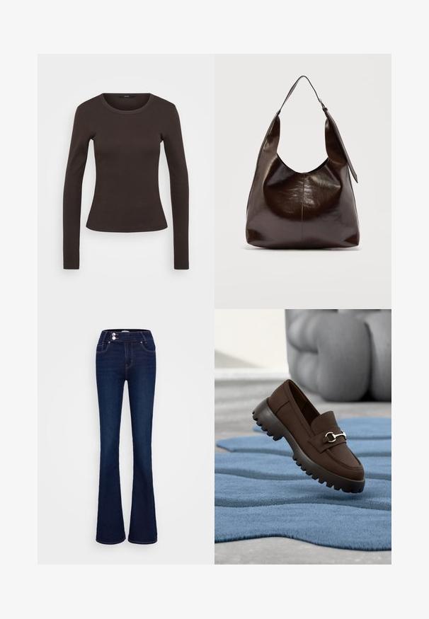 Langærmet brun t-shirt lavet af ribbet stof, med en rund halsudskæring og en tætsiddende silhuet.; Mørkeblå jeans med vidde, lavet af denim, med høj talje, to forlommer og lynlås- og knaplukning med kontrastsyning.; Mørkebrun loafer med tyk rillede sål og sølvdetalje ligger på en blå tekstureret tæppe med grå polstret møbel i baggrunden.; Mørkebrunt, skinnende læder skuldertaske med en enkelt bred rem og spændedetalje på den ene side, sat mod en ensartet lys baggrund.
