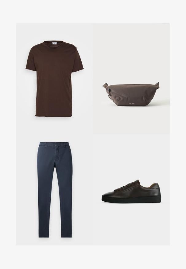 Filippa K ROLL NECK TEE - Základné tričko - dark choco; Námornícky modré nohavice so slim fit strihom, vyrobené z bavlnenej zmesi. Obsahujú štandardný pás, predný zips a bočné vrecká.; Nízky profil tmavohnedých kožených tenisiek s čiernou gumovou podrážkou, šnurovanie vpredu a hladkým minimalistickým dizajnom na svetlom pozadí.; Tmavohnedá látková ľadvinka s diagonálnym zipsovým vreckom a malým bielym logom vpredu, na jednofarebnom svetlom pozadí.