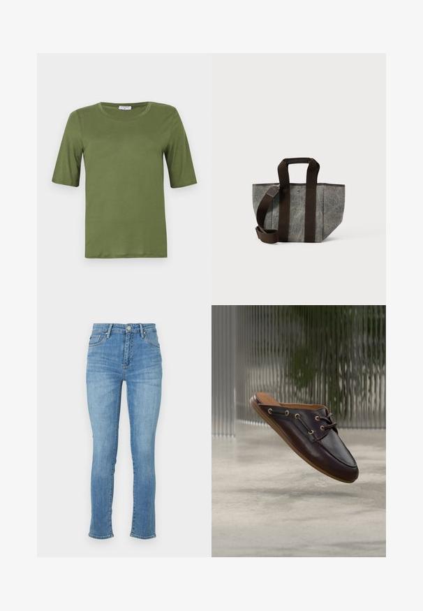 Olivengroene T-shirt met korte mouwen, gemaakt van gladde stof, met een ronde halslijn en een rechte snit zonder zichtbare patronen of accenten.; Lichtblauwe denimjeans met een slanke pasvorm, middelhoog taille, vijf pockets design en subtiele vervaging op de dijen, voorzien van gestikte accenten.; Donkerbruine leren instapper met veters en metalen veteroogjes, zwevend boven een grijze betonnen vloer met een getextureerde doorschijnende achtergrond.; Grijze stoffen draagtas met donkerbruine hengsels en accenten. Heeft een gestructureerde vorm en robuust ontwerp, geschikt voor dagelijks gebruik.