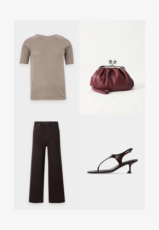 T-shirt beige à manches courtes avec col rond côtelé et coutures visibles aux manches et à l'encolure, présenté à plat sur un fond blanc.; Jean noir à jambes larges avec taille haute, fabriqué en denim. Dispose de cinq poches et d'une fermeture à bouton en métal, texture lisse et design classique.; Sandale slingback en cuir verni marron foncé avec petit talon et bride entre les orteils sur fond blanc.; Petit sac pochette en cuir bordeaux avec fermoir métallique argenté et bracelet sur fond blanc.
