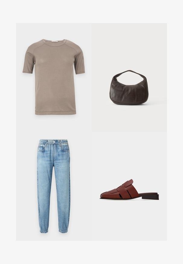 T-shirt beige à manches courtes avec col rond côtelé et coutures visibles aux manches et à l'encolure, présenté à plat sur un fond blanc.; Jean en denim bleu clair avec des ourlets élastiqués, un bouton et une fermeture éclair à l'avant, des passants de ceinture et des poches avant.; Sandale à enfiler en cuir marron avec des découpes et un petit talon plat, vue de côté sur fond clair uni.; Petit sac à main marron foncé texturé avec une courte bandoulière et un fond arrondi sur un fond clair uni.