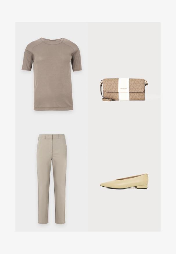 Camiseta beige de manga corta con cuello redondo acanalado y costuras visibles en las mangas y el cuello, mostrada extendida sobre un fondo blanco.; MM by MaxMara EFFETTO - Pantalones - sand; Zapato de mujer de cuero beige con tacón bajo, punta puntiaguda y diseño minimalista, mostrado de lado sobre un fondo liso.; Bolso de mano Michael Kors marrón y beige con franja vertical blanca, logo dorado y correa de muñeca desmontable sobre un fondo liso.