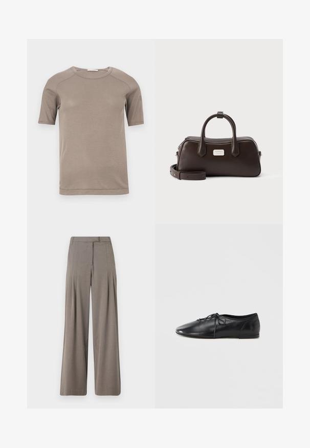 T-shirt beige à manches courtes avec col rond côtelé et coutures visibles aux manches et à l'encolure, présenté à plat sur un fond blanc.; Pantalons à jambe large en tissu marron clair, dotés de plis, d'un devant plat et d'un ourlet net. Texture lisse avec un léger éclat.; Chaussure plate en cuir noir avec un bout pointu, dotée d'un laçage à l'avant et d'une texture douce. Design discret, détails matériels minimaux.; Sac à main en cuir marron foncé avec deux poignées, une bandoulière amovible et une petite plaque de marque rectangulaire argentée à l'avant.