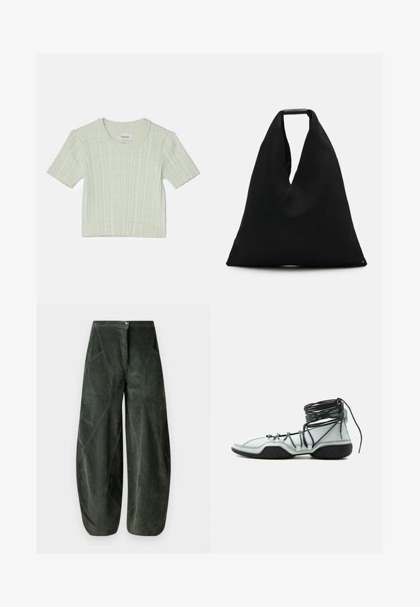 Top en tricot à manches courtes, côtelé et vert clair, avec un col rond et une silhouette légèrement courte. L'étiquette intérieure indique "Holzweiler."; Pantalons à jambe large en velours côtelé vert foncé, dotés d'une fermeture à bouton et de poches latérales inclinées avec un motif texturé à côtes.; Baskets montantes bleu clair à semelle noire avec plusieurs lacets noirs et verts autour de la cheville, présentées en profil latéral sur fond blanc.; Sac fourre-tout en tissu noir avec un design en V unique et une texture lisse. Doté d'une courte poignée avec un détail matériel minimaliste.